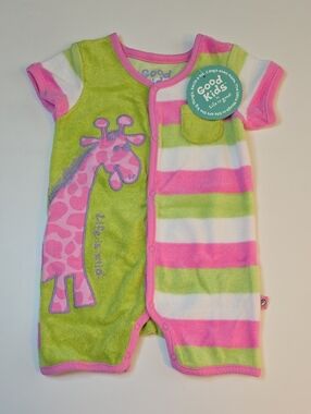 Life Is Good Pink & Green Giraffe One-Piece Romper